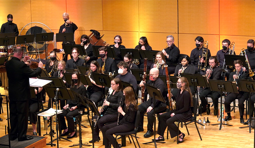 A picture of the CMU Symphonic Ensemble performing at Staples Family Concert Hall in April 2022
